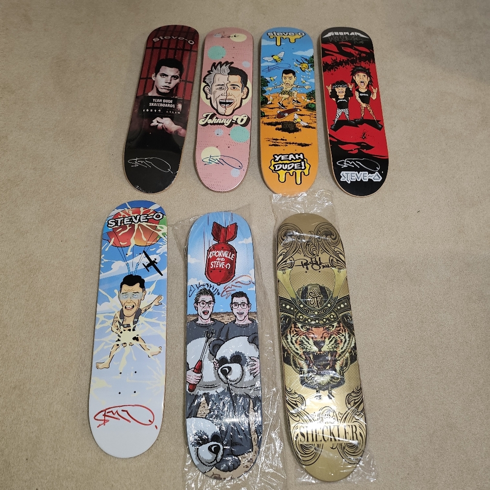 Skateboard decks Autographed Steve-O,  johnny knoxville, wee man & ryan sheckler